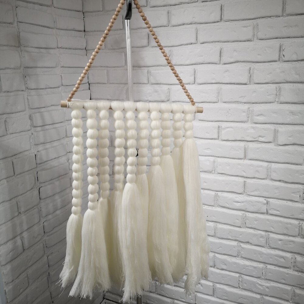 Unbranded Off White Horsetail Boho Macrame Wall Hanging w/ Beaded Hanger